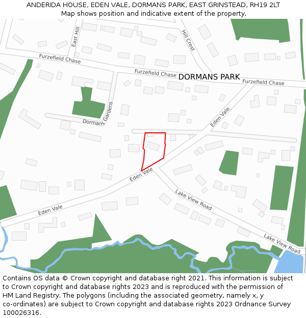 ANDERIDA HOUSE, EDEN VALE, DORMANS PARK, EAST GRINSTEAD, RH19 2LT: Location map and indicative extent of plot