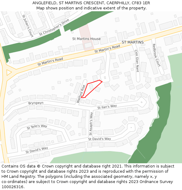 ANGLEFIELD, ST MARTINS CRESCENT, CAERPHILLY, CF83 1ER: Location map and indicative extent of plot