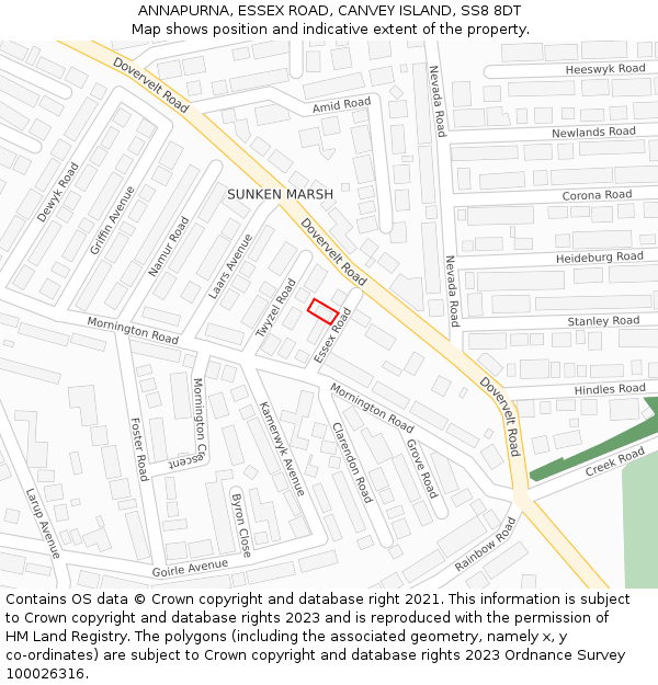 ANNAPURNA, ESSEX ROAD, CANVEY ISLAND, SS8 8DT: Location map and indicative extent of plot