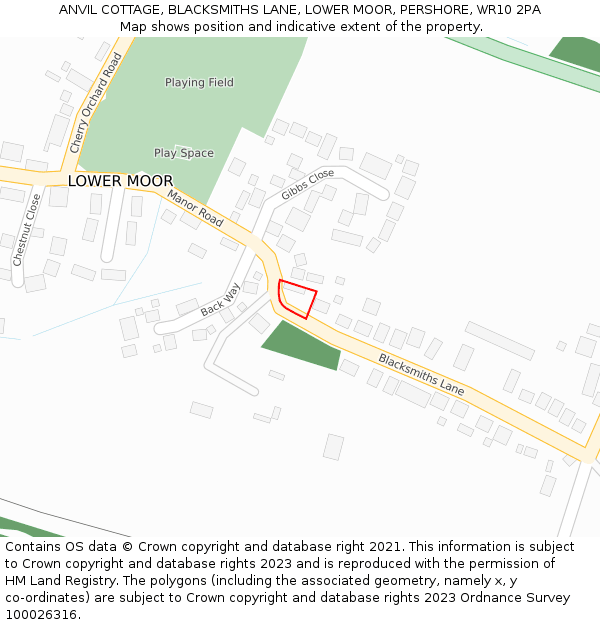 ANVIL COTTAGE, BLACKSMITHS LANE, LOWER MOOR, PERSHORE, WR10 2PA: Location map and indicative extent of plot