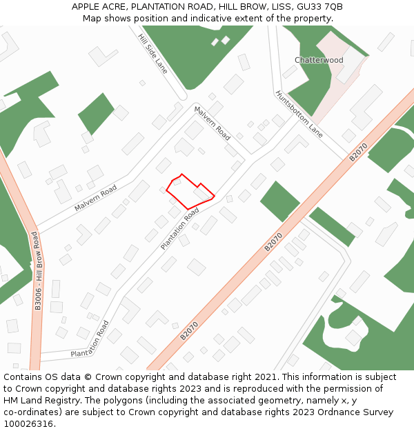 APPLE ACRE, PLANTATION ROAD, HILL BROW, LISS, GU33 7QB: Location map and indicative extent of plot