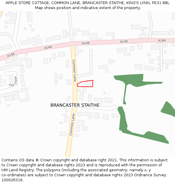 APPLE STORE COTTAGE, COMMON LANE, BRANCASTER STAITHE, KING'S LYNN, PE31 8BL: Location map and indicative extent of plot