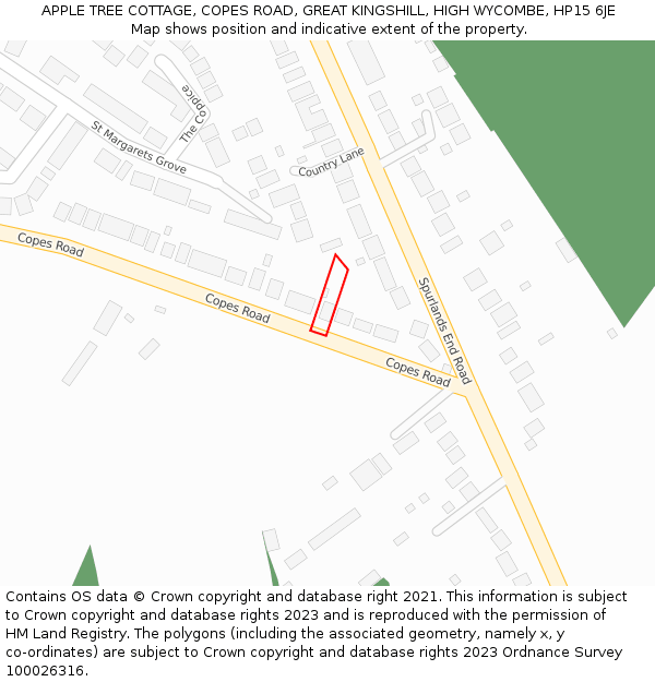 APPLE TREE COTTAGE, COPES ROAD, GREAT KINGSHILL, HIGH WYCOMBE, HP15 6JE: Location map and indicative extent of plot
