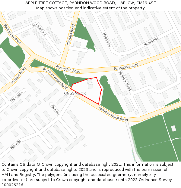 APPLE TREE COTTAGE, PARNDON WOOD ROAD, HARLOW, CM19 4SE: Location map and indicative extent of plot