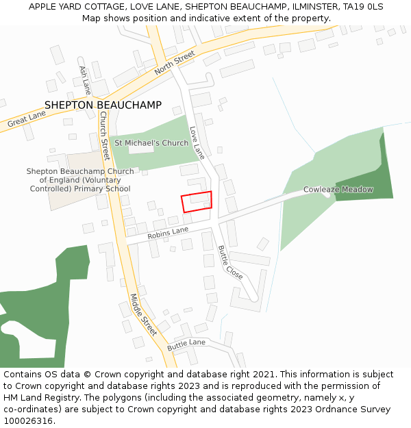 APPLE YARD COTTAGE, LOVE LANE, SHEPTON BEAUCHAMP, ILMINSTER, TA19 0LS: Location map and indicative extent of plot