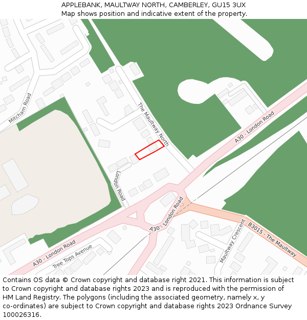 APPLEBANK, MAULTWAY NORTH, CAMBERLEY, GU15 3UX: Location map and indicative extent of plot