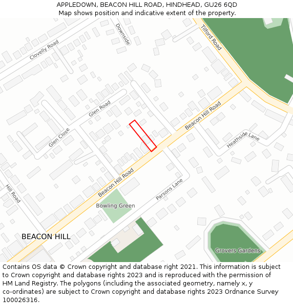 APPLEDOWN, BEACON HILL ROAD, HINDHEAD, GU26 6QD: Location map and indicative extent of plot