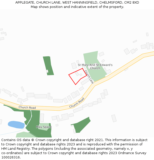 APPLEGATE, CHURCH LANE, WEST HANNINGFIELD, CHELMSFORD, CM2 8XD: Location map and indicative extent of plot
