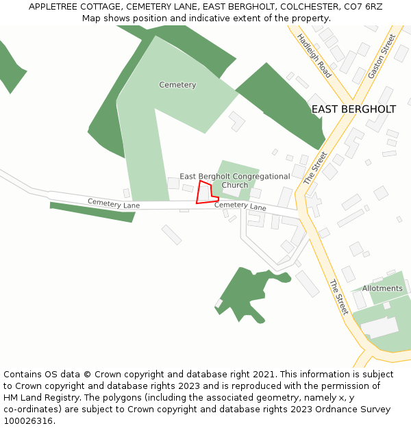 APPLETREE COTTAGE, CEMETERY LANE, EAST BERGHOLT, COLCHESTER, CO7 6RZ: Location map and indicative extent of plot
