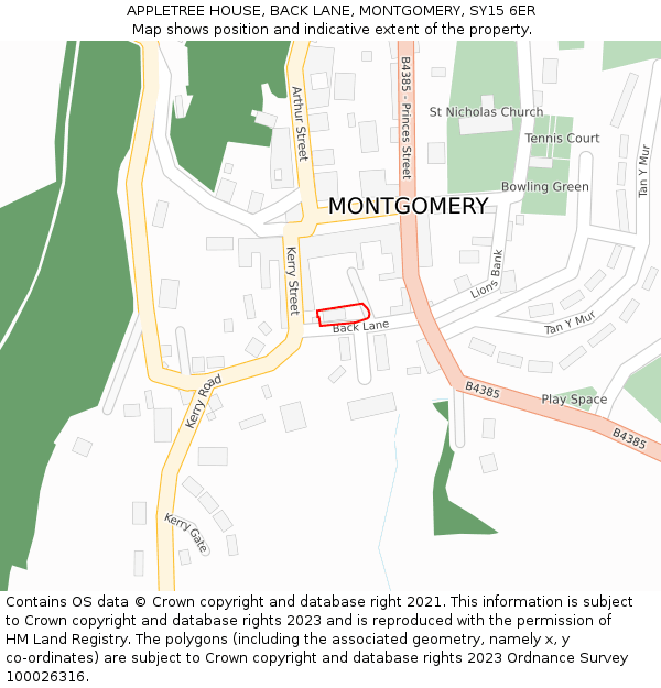 APPLETREE HOUSE, BACK LANE, MONTGOMERY, SY15 6ER: Location map and indicative extent of plot