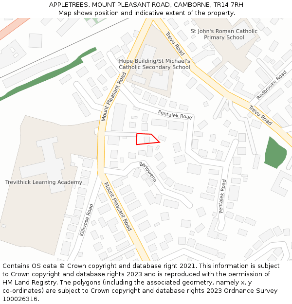 APPLETREES, MOUNT PLEASANT ROAD, CAMBORNE, TR14 7RH: Location map and indicative extent of plot