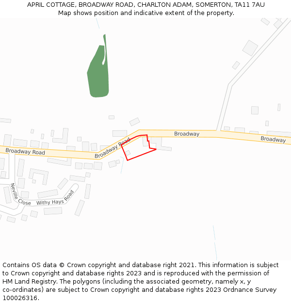 APRIL COTTAGE, BROADWAY ROAD, CHARLTON ADAM, SOMERTON, TA11 7AU: Location map and indicative extent of plot