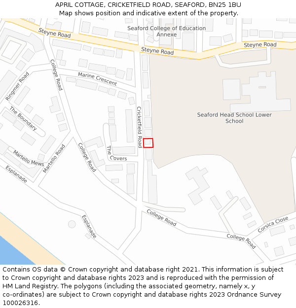 APRIL COTTAGE, CRICKETFIELD ROAD, SEAFORD, BN25 1BU: Location map and indicative extent of plot