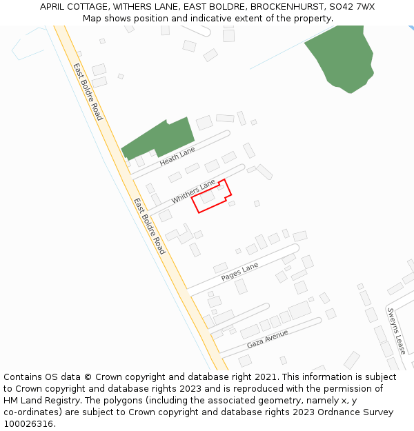 APRIL COTTAGE, WITHERS LANE, EAST BOLDRE, BROCKENHURST, SO42 7WX: Location map and indicative extent of plot