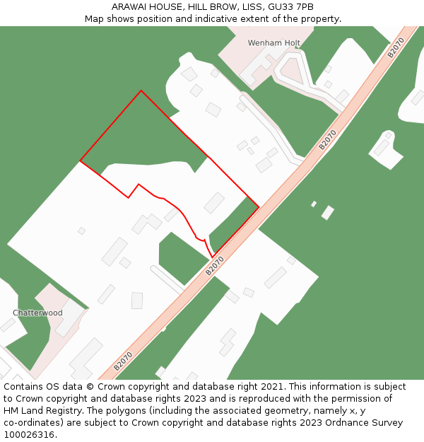 ARAWAI HOUSE, HILL BROW, LISS, GU33 7PB: Location map and indicative extent of plot