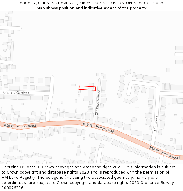 ARCADY, CHESTNUT AVENUE, KIRBY CROSS, FRINTON-ON-SEA, CO13 0LA: Location map and indicative extent of plot