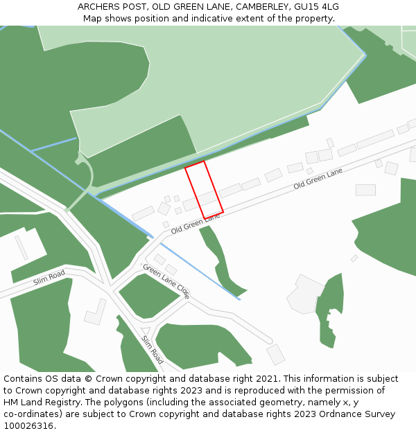 ARCHERS POST, OLD GREEN LANE, CAMBERLEY, GU15 4LG: Location map and indicative extent of plot