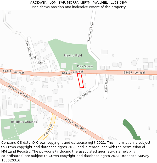 ARDDWEN, LON ISAF, MORFA NEFYN, PWLLHELI, LL53 6BW: Location map and indicative extent of plot