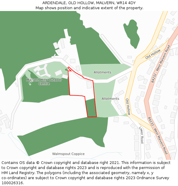 ARDENDALE, OLD HOLLOW, MALVERN, WR14 4DY: Location map and indicative extent of plot