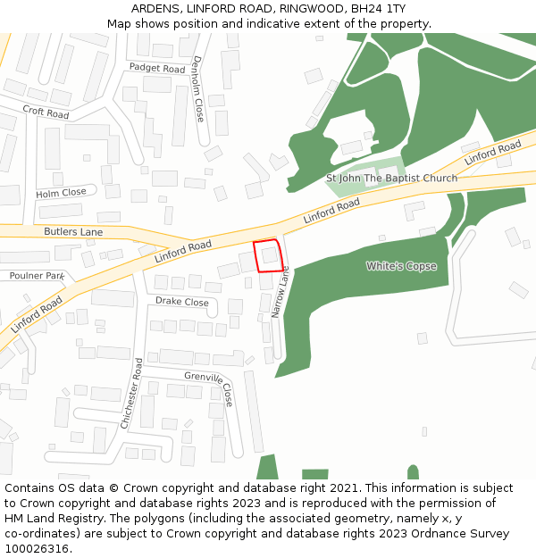 ARDENS, LINFORD ROAD, RINGWOOD, BH24 1TY: Location map and indicative extent of plot