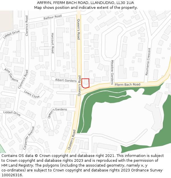 ARFRYN, FFERM BACH ROAD, LLANDUDNO, LL30 1UA: Location map and indicative extent of plot