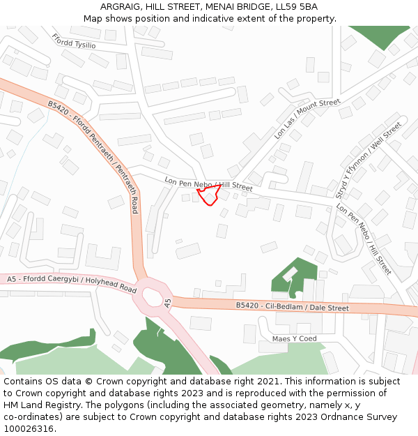 ARGRAIG, HILL STREET, MENAI BRIDGE, LL59 5BA: Location map and indicative extent of plot
