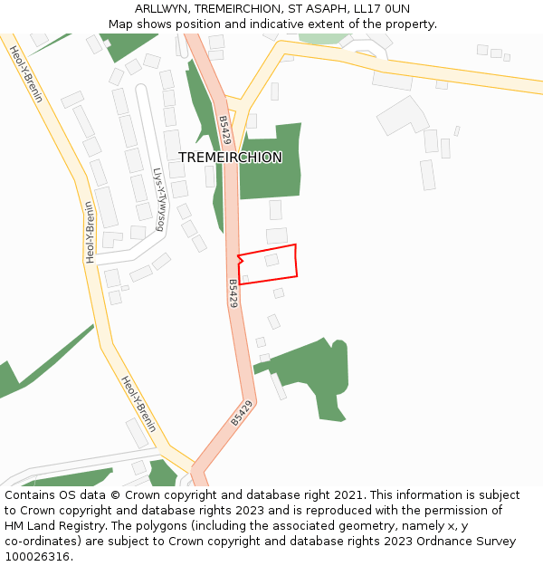 ARLLWYN, TREMEIRCHION, ST ASAPH, LL17 0UN: Location map and indicative extent of plot