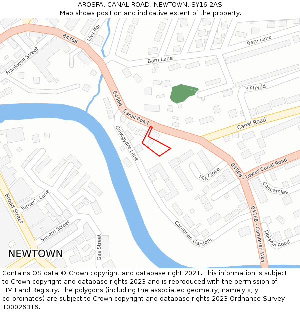 AROSFA, CANAL ROAD, NEWTOWN, SY16 2AS: Location map and indicative extent of plot