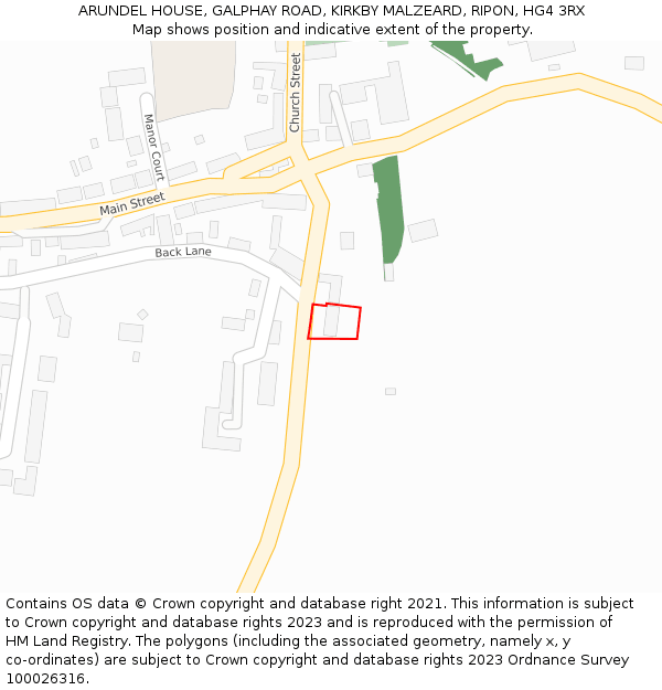 ARUNDEL HOUSE, GALPHAY ROAD, KIRKBY MALZEARD, RIPON, HG4 3RX: Location map and indicative extent of plot