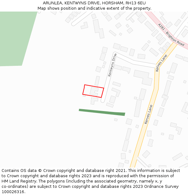 ARUNLEA, KENTWYNS DRIVE, HORSHAM, RH13 6EU: Location map and indicative extent of plot