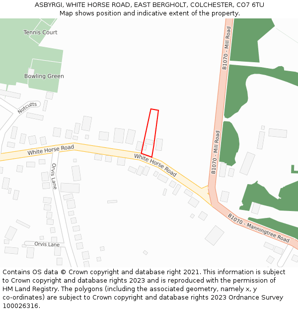 ASBYRGI, WHITE HORSE ROAD, EAST BERGHOLT, COLCHESTER, CO7 6TU: Location map and indicative extent of plot