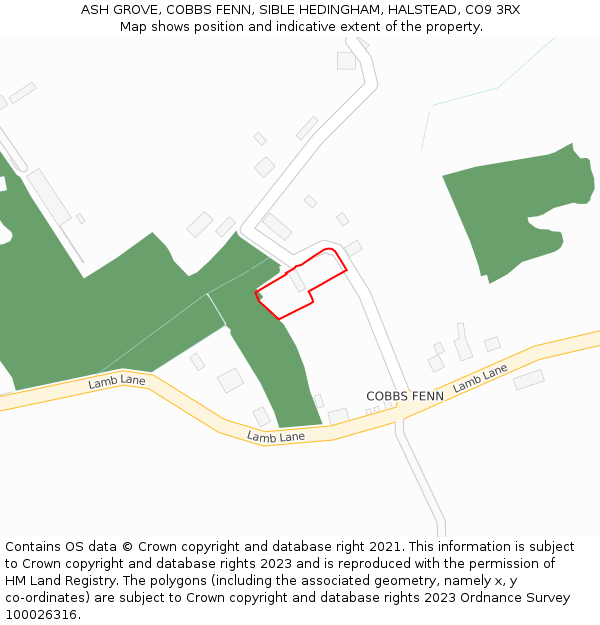 ASH GROVE, COBBS FENN, SIBLE HEDINGHAM, HALSTEAD, CO9 3RX: Location map and indicative extent of plot