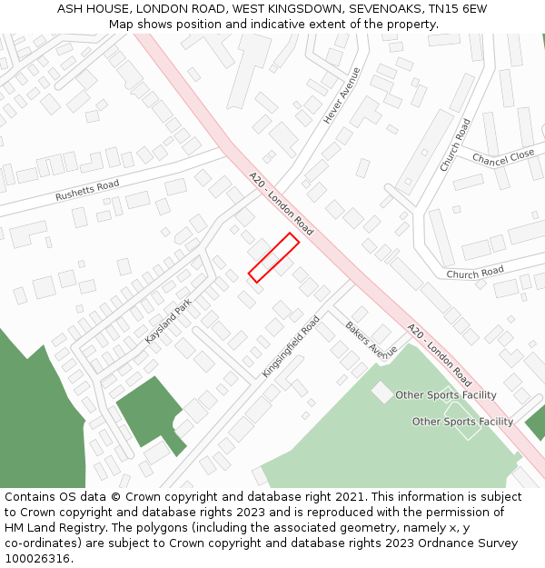 ASH HOUSE, LONDON ROAD, WEST KINGSDOWN, SEVENOAKS, TN15 6EW: Location map and indicative extent of plot