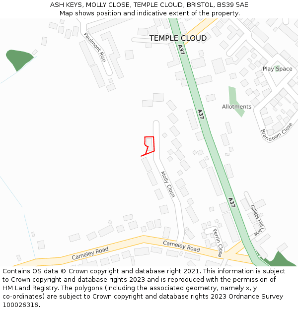 ASH KEYS, MOLLY CLOSE, TEMPLE CLOUD, BRISTOL, BS39 5AE: Location map and indicative extent of plot