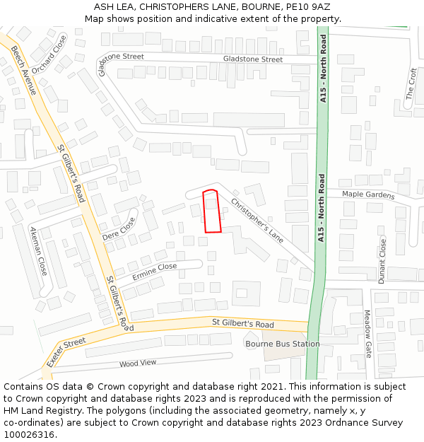 ASH LEA, CHRISTOPHERS LANE, BOURNE, PE10 9AZ: Location map and indicative extent of plot