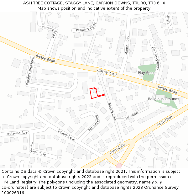 ASH TREE COTTAGE, STAGGY LANE, CARNON DOWNS, TRURO, TR3 6HX: Location map and indicative extent of plot