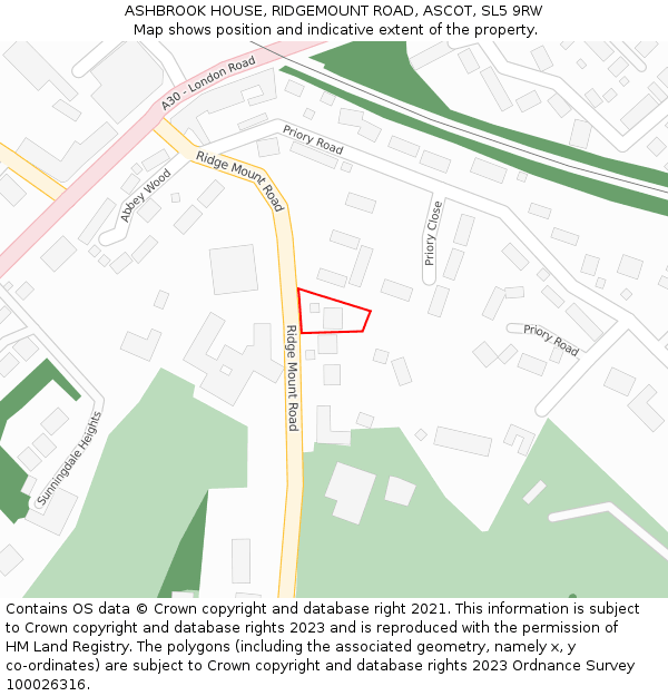 ASHBROOK HOUSE, RIDGEMOUNT ROAD, ASCOT, SL5 9RW: Location map and indicative extent of plot