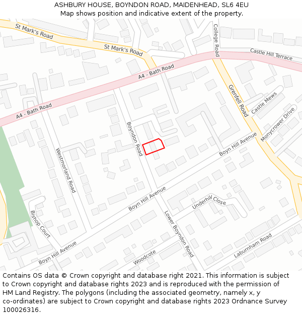 ASHBURY HOUSE, BOYNDON ROAD, MAIDENHEAD, SL6 4EU: Location map and indicative extent of plot