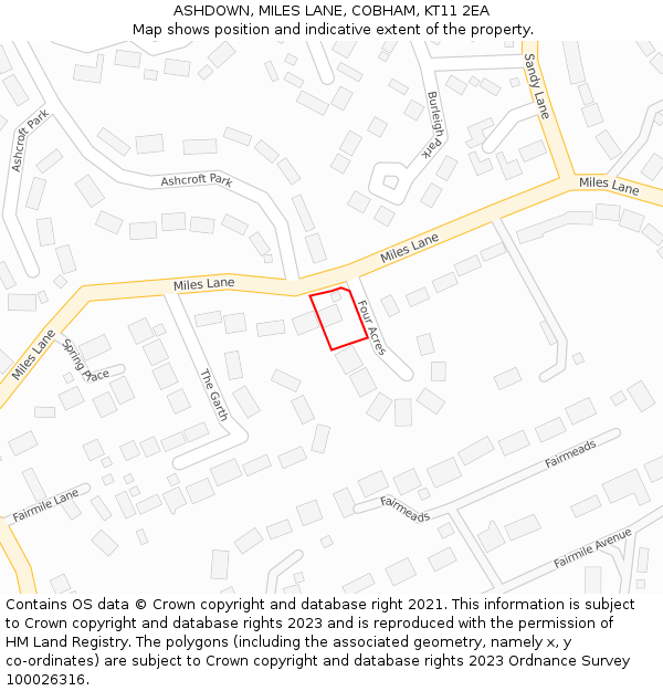 ASHDOWN, MILES LANE, COBHAM, KT11 2EA: Location map and indicative extent of plot