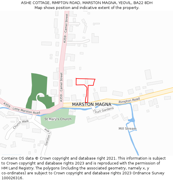 ASHE COTTAGE, RIMPTON ROAD, MARSTON MAGNA, YEOVIL, BA22 8DH: Location map and indicative extent of plot