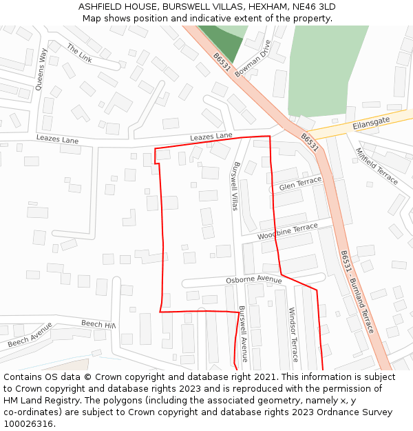 ASHFIELD HOUSE, BURSWELL VILLAS, HEXHAM, NE46 3LD: Location map and indicative extent of plot