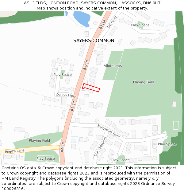 ASHFIELDS, LONDON ROAD, SAYERS COMMON, HASSOCKS, BN6 9HT: Location map and indicative extent of plot