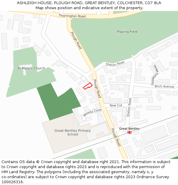 ASHLEIGH HOUSE, PLOUGH ROAD, GREAT BENTLEY, COLCHESTER, CO7 8LA: Location map and indicative extent of plot