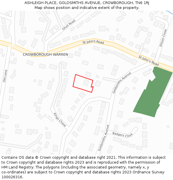 ASHLEIGH PLACE, GOLDSMITHS AVENUE, CROWBOROUGH, TN6 1RJ: Location map and indicative extent of plot