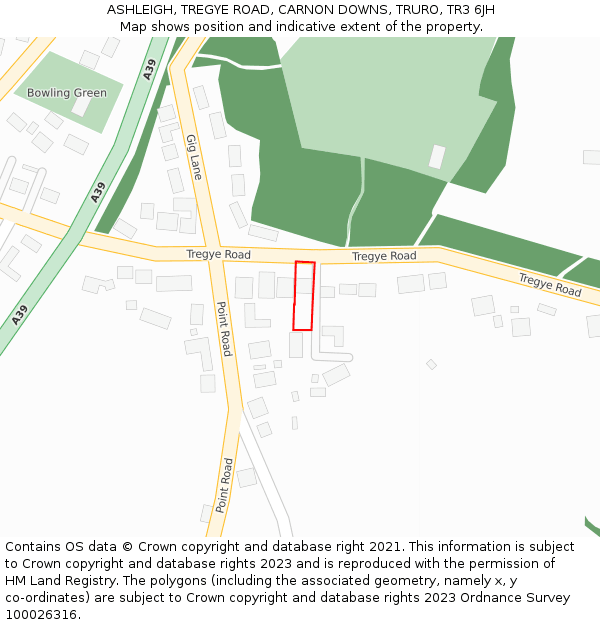ASHLEIGH, TREGYE ROAD, CARNON DOWNS, TRURO, TR3 6JH: Location map and indicative extent of plot