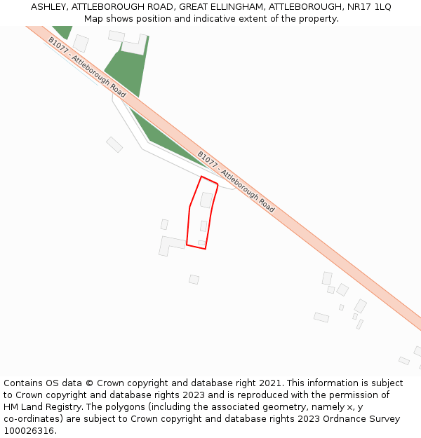 ASHLEY, ATTLEBOROUGH ROAD, GREAT ELLINGHAM, ATTLEBOROUGH, NR17 1LQ: Location map and indicative extent of plot