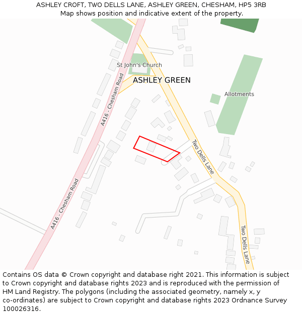 ASHLEY CROFT, TWO DELLS LANE, ASHLEY GREEN, CHESHAM, HP5 3RB: Location map and indicative extent of plot