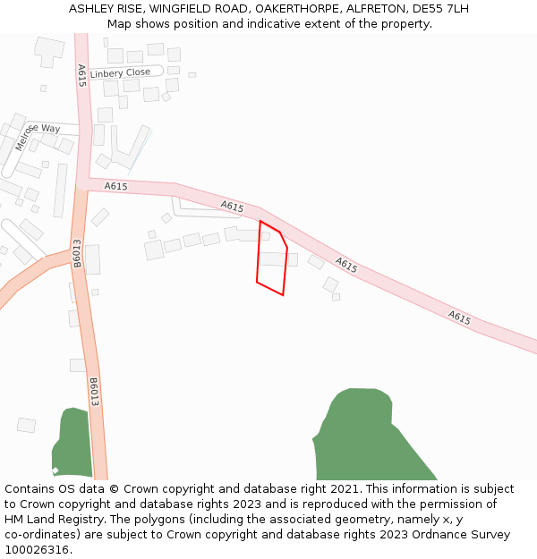 ASHLEY RISE, WINGFIELD ROAD, OAKERTHORPE, ALFRETON, DE55 7LH: Location map and indicative extent of plot