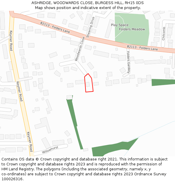 ASHRIDGE, WOODWARDS CLOSE, BURGESS HILL, RH15 0DS: Location map and indicative extent of plot