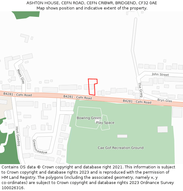 ASHTON HOUSE, CEFN ROAD, CEFN CRIBWR, BRIDGEND, CF32 0AE: Location map and indicative extent of plot